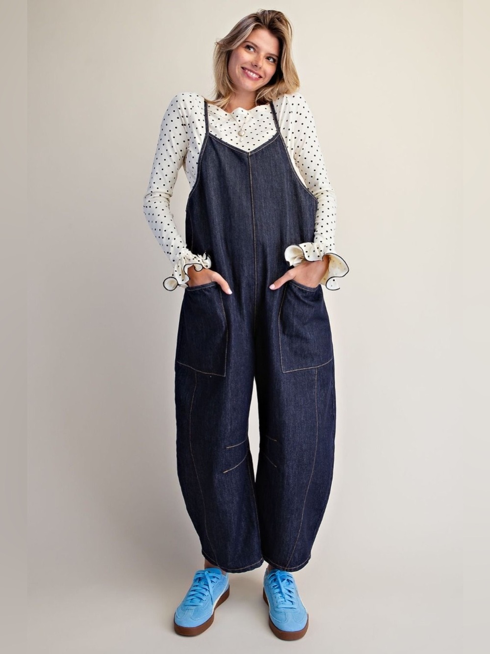 Easel Dark Denim Soft Barrel Leg Silhouette Overall